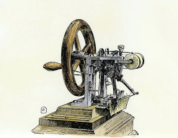 Sewing machine by Elias Howe, 1846. 19th century colour engraving
