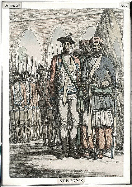 Seypoys, native troops employed by East India Company. 19th century (hand-colored etching)