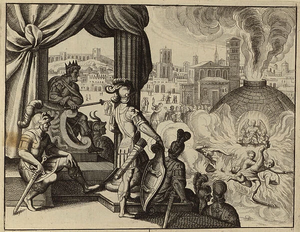 Shadrach, Meshach, and Abednego in the fiery furnace (engraving)