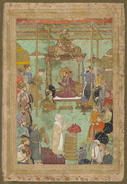 Shah Jahan enthroned with Mahabat Khan and a Shaykh, The Padshahnama