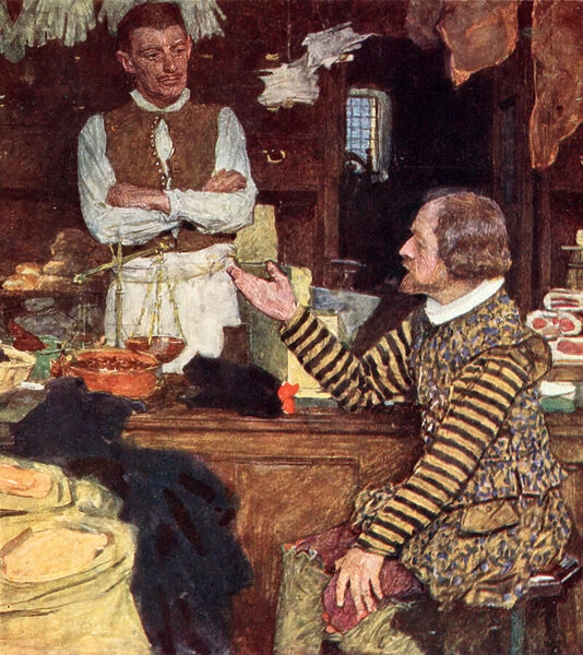 Shakespeare calls at a Grocers Shop in Bucklersbury for a chat with John Sadler, an apprentice from Stratford (colour litho)