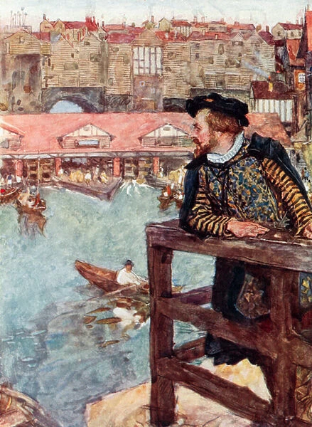 Shakespeare gazes at the water-mills below London Bridge (colour litho)