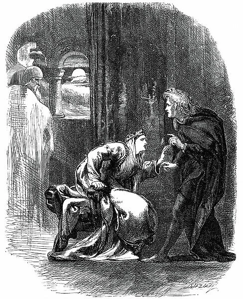 Shakespeare Hamlet Act 3 Sc 4. Ghost of Hamlet's father appearing to him to remind him that he must take vengeance on his mother and uncle for their treachery. 19th century engraving