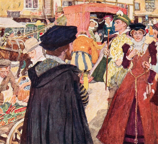 Shakespeare observing the foolish fashions and antics of the fops on Ludgate Hill, London (colour litho)