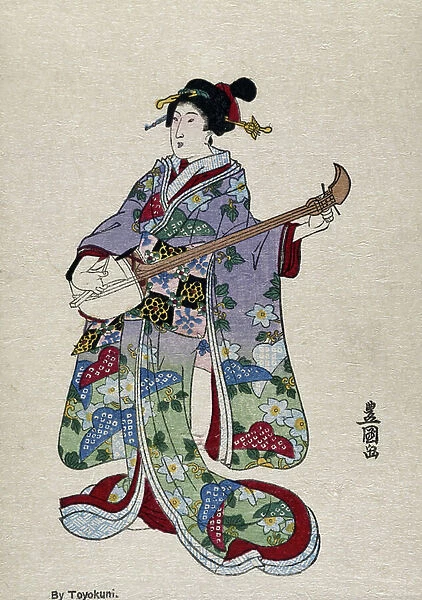 Shamisen, luth a long manche et a cordes pincees. Estampe japonaise de Utagawa Toyokuni (1769-1825). Collection privee