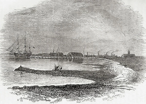 Sheerness Dockyard, River Medway, Kent England and a first rate Man-of-War lying off the pier, 19th century, from Old England: A Pictorial Museum, pub. 1847