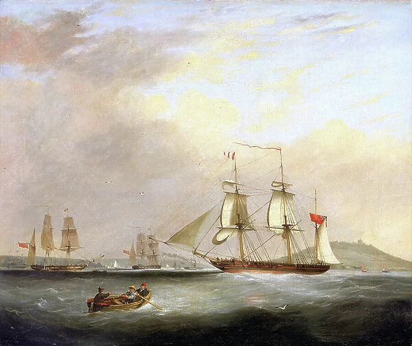 The Sheldrake, a postal service ship, off Falmouth, England, an important centre for navigation to the west, surrounds the boats Eclipse and Sandwich