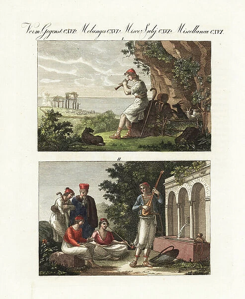 Shepherd of ancient Morea or Peloponnese, playing a pipe near his goats 1, and troubadour of modern Greece playing a fight-like instrument near a fountain for a pipe-smoking audience