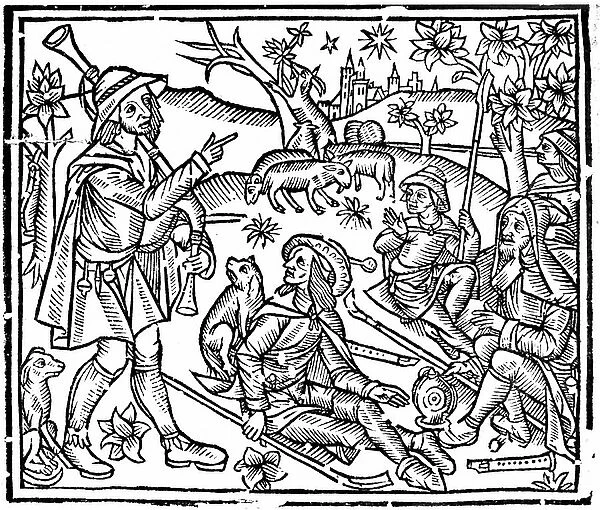 Shepherds with their flocks and dogs. Figure on left is holding bagpipes and, as well as crooks for handling the sheep, there are woodwind instruments on the ground. Early 16th century (woodcut from the English edition of The Shepheards Kalendar)