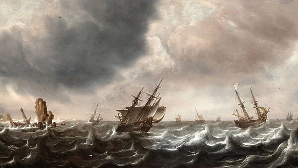 Shipping in Choppy Seas with a Whale in the Foreground, 1650-1700 (oil on panel)