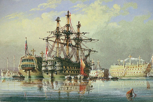 Ships in ordinary at Devonport, c.1850 (watercolour)