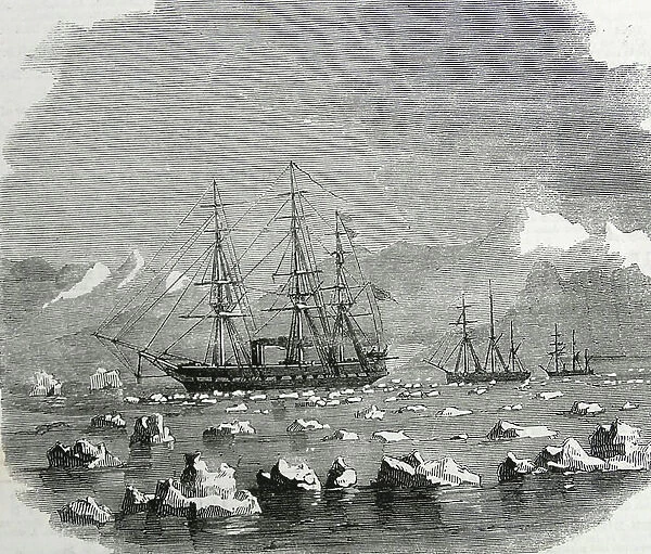 Ships sailing through the ice in the Wide Channel, 1860 (engraving)