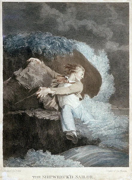 The shipwrecked sailor. Etching in colors, early 19th century, by Shuman, after Craig