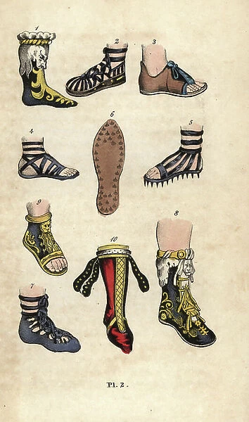 Shoes, boots and sandals of ancient Rome. Cothurnus boot 1, rustic sandal 2, open-toe shoe 3, centurion's sandal 4, spiked sandal for marching 5, nailed sandal sole 6, shoe sandal 7, emperor's boot 8, ornamented open-toe boot 9, and Dacian boot 10