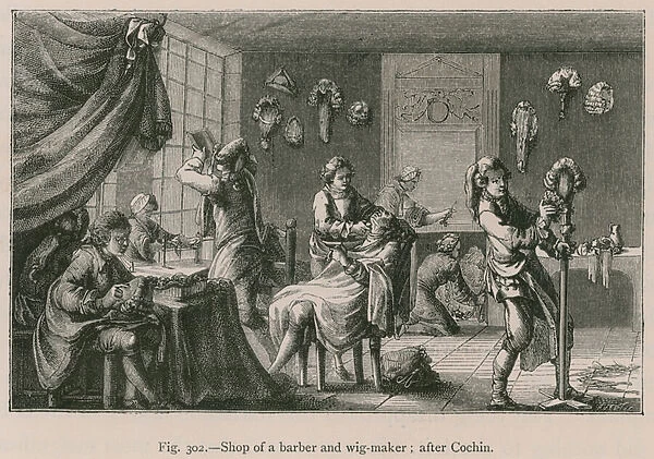 Shop of a Barber and Wig-Maker; after Cochin (engraving)
