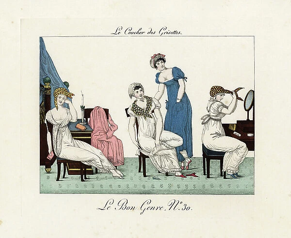 Shop girls preparing for bed. Wearing turbans, shawls and lowcut cotton nightshifts, four shopgirls relax before bed. Handcoloured engraving from Pierre de la Mesanger's Le Bon Genre, Paris, 1817