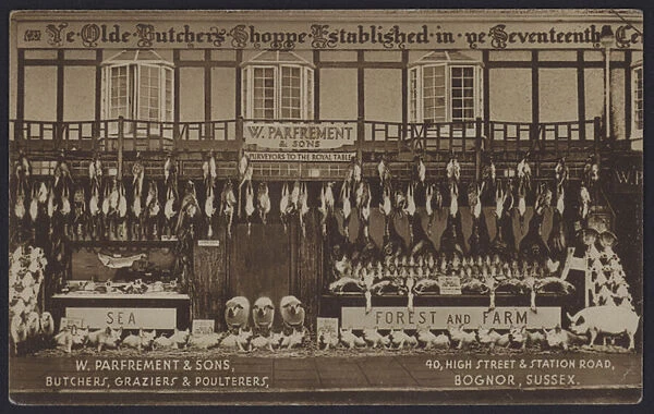 Shop front of W Parfrement & Sons, butchers, graziers and poulterers, Bognor Regis, Sussex (b  /  w photo)