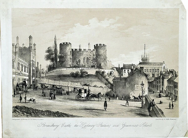 Shrewsbury Castle, the Railway Station, and Grammar Schools, c1850 (tinted lithograph on paper)