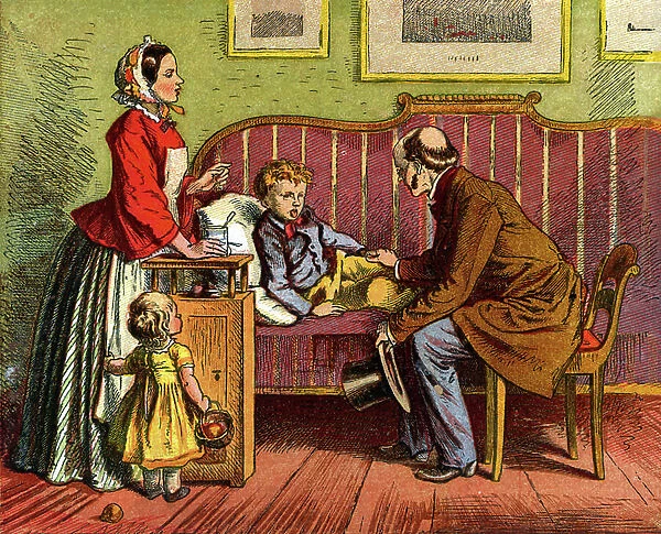 Sick child visited at home by the Doctor, 1871 (chromolithograph)