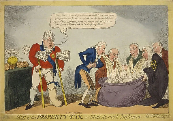Sick of the property tax or ministerial influnza': Prince Regent (later George IV) gouty and on crutches labelled 'More Money', and 'Increase in Income, and holding documents naming his extravagant expenses