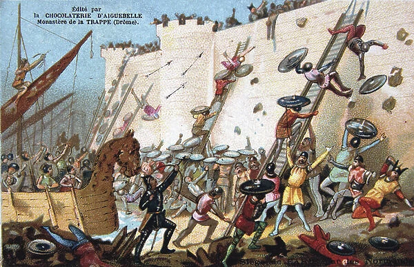 Siege of Paris 885-886 by the Vikings (Northmen), considered by some to be the beginning of Norman power in France. 19th century (battle War Military trade card in chromolithograph)