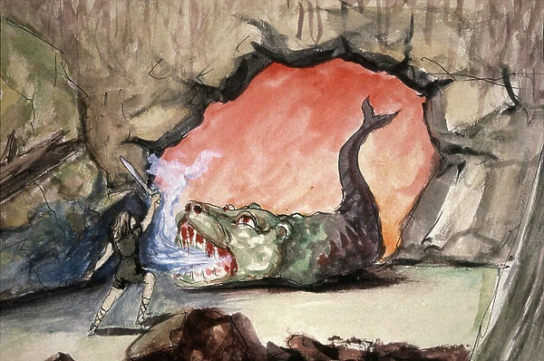 Siegfried slaying the dragon Fafner, late 19th century (illustration)