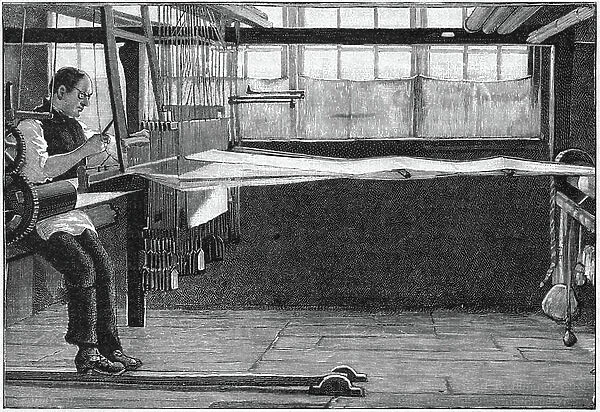 Silk weaver at work in his cottage at Bethnal Green, London, England, late 19th century. The Spitalfields silk industry was founded by Huguenot refugees from France after Louis XIV's Revocation of the Edict of Nantes (1685). Engraving, 1893