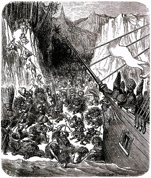 Sindbad the sailor (Sinbad) - tale of the thousand and one (1001) nights - illustration by Gustave Dore - Third voyage: a tempete throws the ship of Sindbad and his companions on an island where they are assaulted by a multitude of tiny