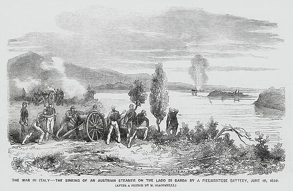 Sinking of an Austrian steamer on Lake Garda by Piedmontese artillery (engraving)