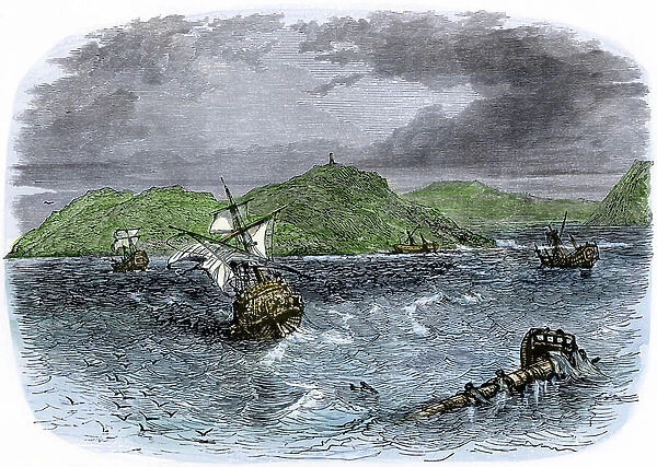 Sinking of the boat of Jacques Cartier (1491-1557), French navigator and explorer in the Detroit of Belle Ile (Belle-Ile), Gulf of Saint Laurence, Canada. Colourful engraving of the 19th century