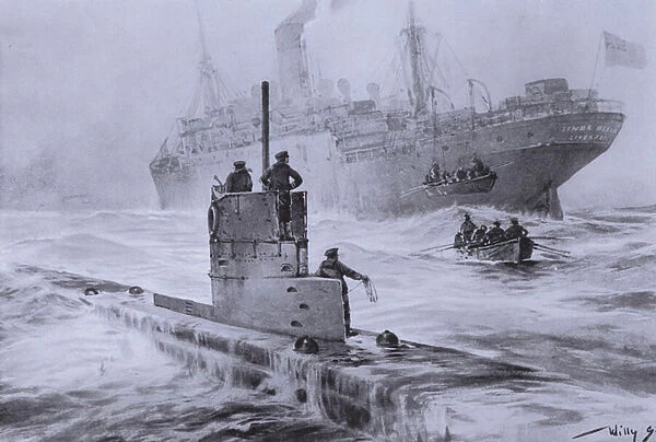 Sinking of the British merchant ship Linda Blanche by German submarine U-21 off Liverpool, World War I, 30 January 1915 (litho)
