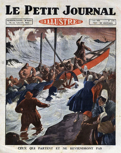 The sinking of two fishing boats off the coast of the Finistere, following a violent storm. Illustration from 'Le petit journal'07  /  06  /  1925 Collection privee