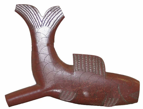 Sioux carved Catlinite fish effigy pipe with carved scales and face