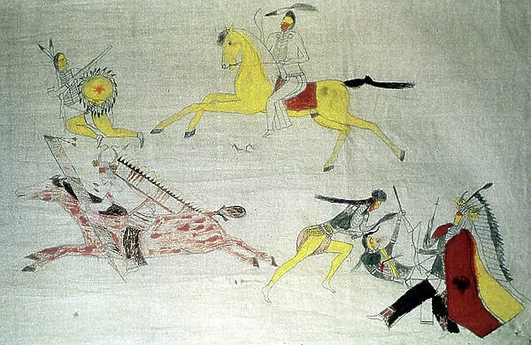 Sioux Warriors in battle. Dakota, North American Plains Indians. Painting on unbleached muslin c1890. Field Museum Chicago
