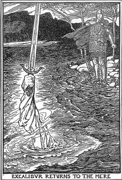 Sir Bedivere Cast the Sword Excalibur into the Water Illustration by HJ Ford (1860-1940) from 'The book of romance' 1902 Private collection