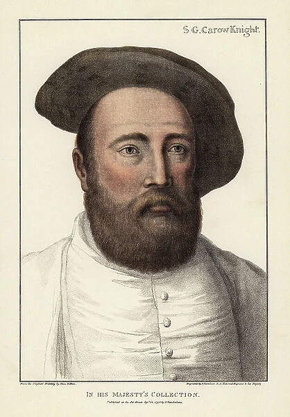 Sir George Carew, Admiral in the Royal Navy under King Henry VIII, died in the sinking of the Mary Rose at the Battle of the Solent, 1545. Handcoloured copperplate engraving by Francis Bartolozzi after Hans Holbein from Facsimiles of Original