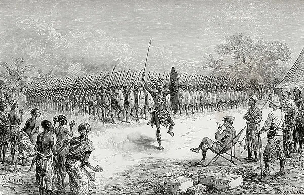 Sir Henry Morton Stanley Watching A Phalanx Dance By Mazamboni's Warriors At Usiri, Africa, During His Emin Pasha Relief Expedition, 1886 To 1889. From In Darkest Africa By Henry M