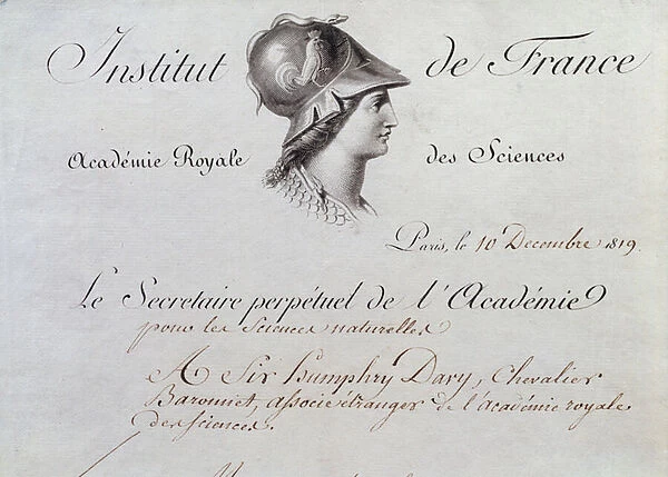 Sir Humphry Davys (1778-1829) Certificate of Membership to the Institut de France