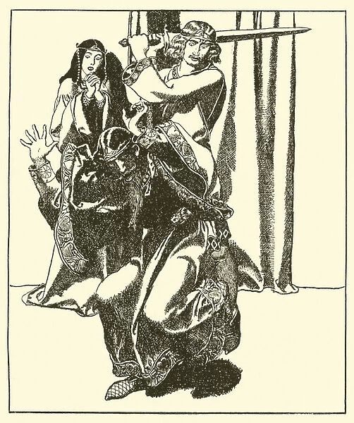 Sir Tristram assaults King Mark (litho)