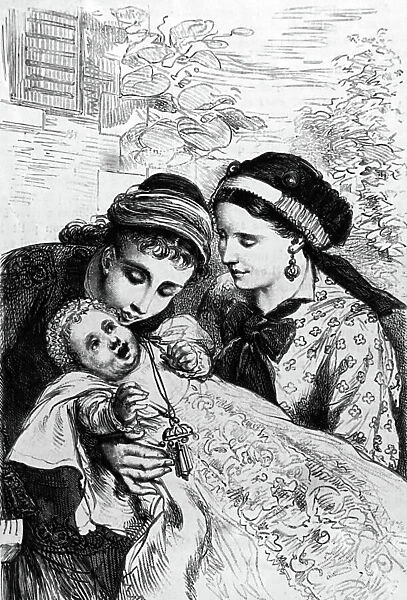Two sisters adoring their infant sibling, 1850