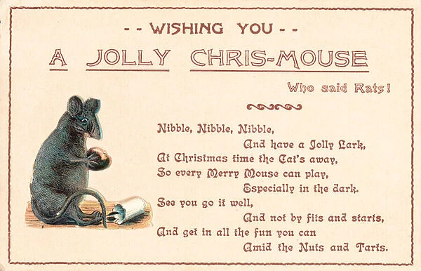 Sitting Grey Mouse, Christmas Card (chromolitho)
