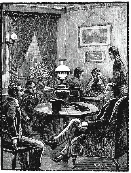 Sitting room at Young Men's Christian Association (YMCA's) Exeter Hall, London, where young men could relax and receive visitors. Wood engraving, 1887