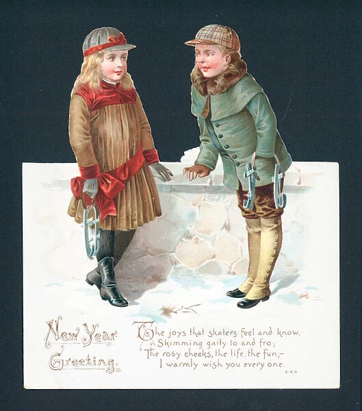 Skating Couple in conversation, New Year Card (chromolitho)
