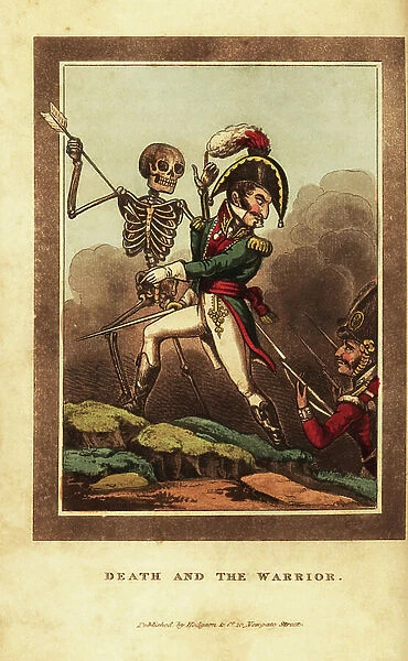 Skeleton of death aiming a dart at an officer in battle
