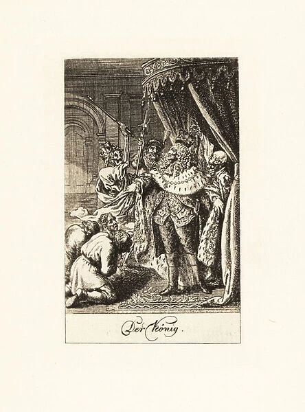 Two skeletons of Death attack a king in his throne room. 1792. 1926 (engraving)