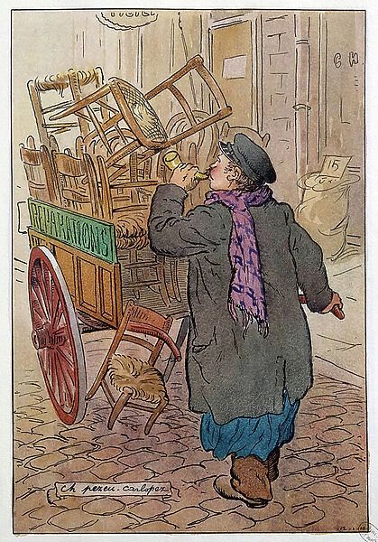 Small metiers of Paris: the refill. Drawing by Charles Pezeu dit Carlopez (20th century), 1909
