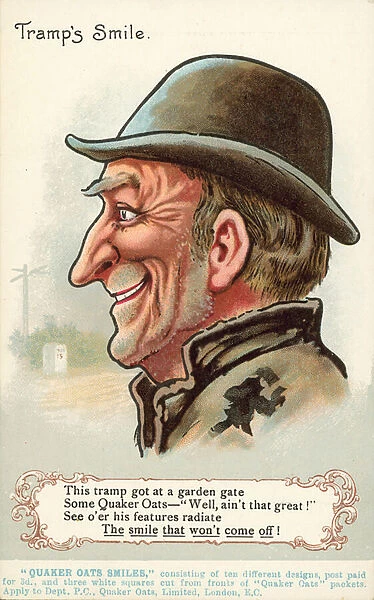 Smiling tramp happy to have had Quaker Oats for breakfast, advertisement (colour litho)