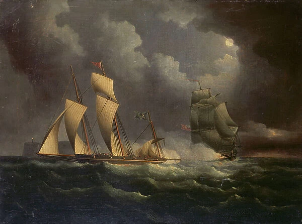 A smuggling lugger chased by a naval brig, c.1825 (oil on canvas)