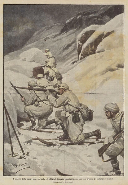The Snow Soldiers, a ski patrol engages combat with a group of enemy scouts (colour litho)