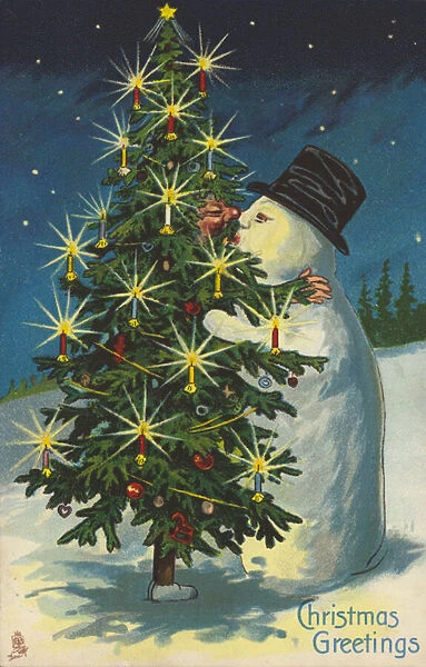 Snowman and Christmas tree kissing (chromolitho)